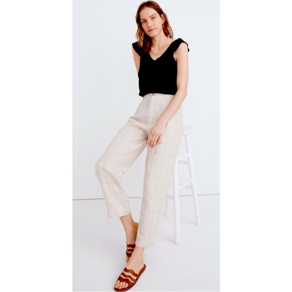 Madewell Linen Pleated Taper Wide-Leg Pants in Windowpane, Size 4